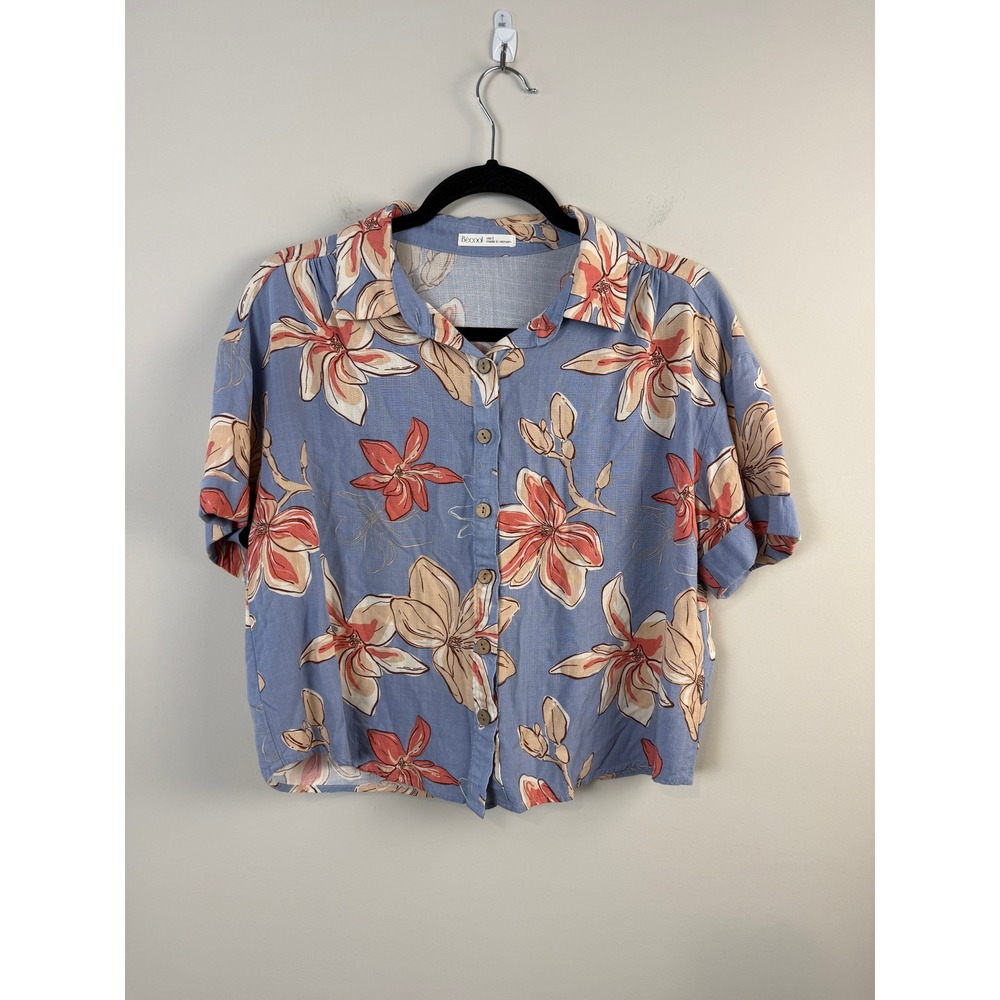 Becool Button Down Shirt Womens Small Blue Floral Tropical Short Sleeve Rayon